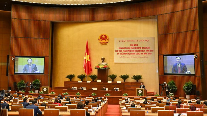 Quang cảnh Hội nghị tổng kết công tác HĐND các tỉnh, thành phố khu vực phía bắc năm 2021 và triển khai kế hoạch công tác năm 2022. 