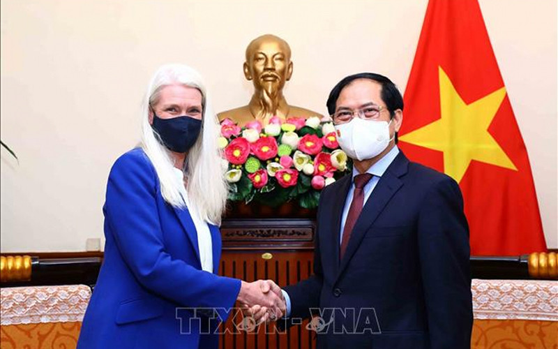 Bộ trưởng Ngoại giao Bùi Thanh Sơn tiếp xã giao Quốc Vụ khanh phụ trách châu Á-Thái Bình Dương Amanda Milling. Ảnh: TTXVN
