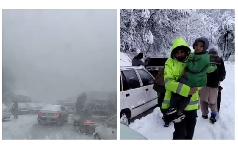 Ôtô mắc kẹt ở thị trấn Murree (ảnh trái) và nhà chức trách thực hiện chiến dịch cứu hộ khi tuyết rơi dày đặc trên đồi. (Nguồn: thenews.com.pk)
