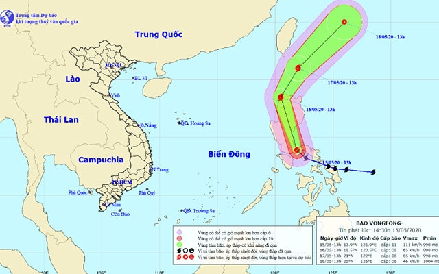 Vị trí và hướng di chuyển của bão Vongfong. (Nguồn: nchmf.gov.vn)