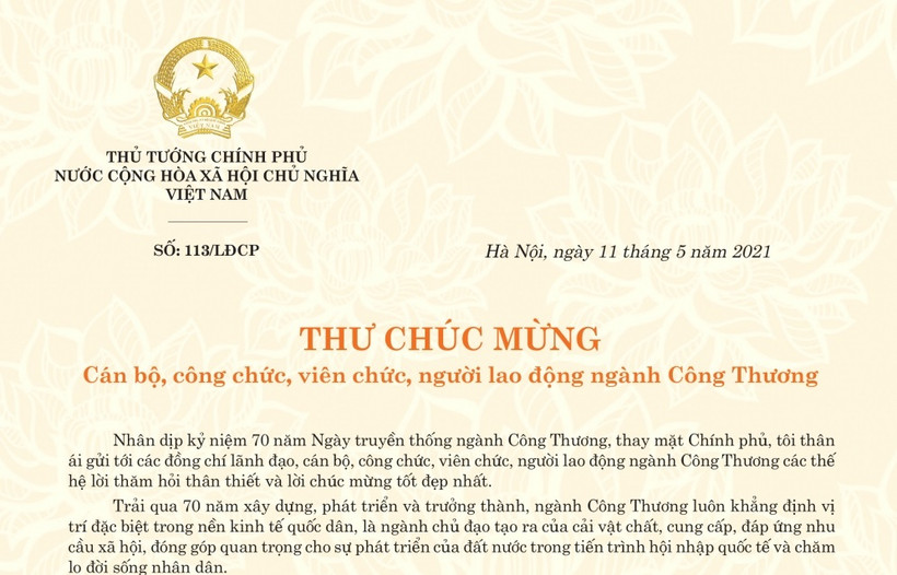 Phần đầu bức thư chúc mừng nhân Ngày truyền thống ngành Công thương của Thủ tướng Phạm Minh Chính.
