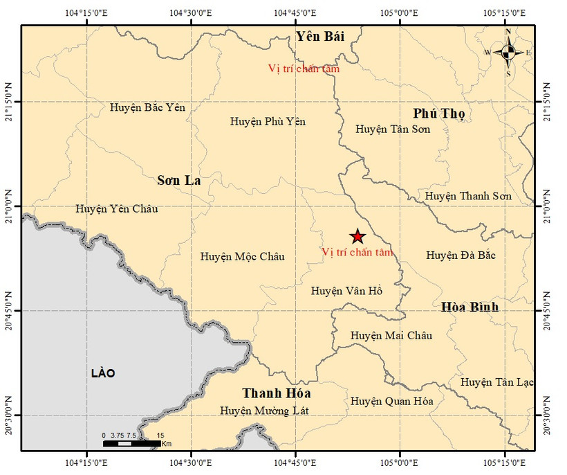 Tâm chấn động đất tại huyện Vân Hồ, Sơn La sáng nay.