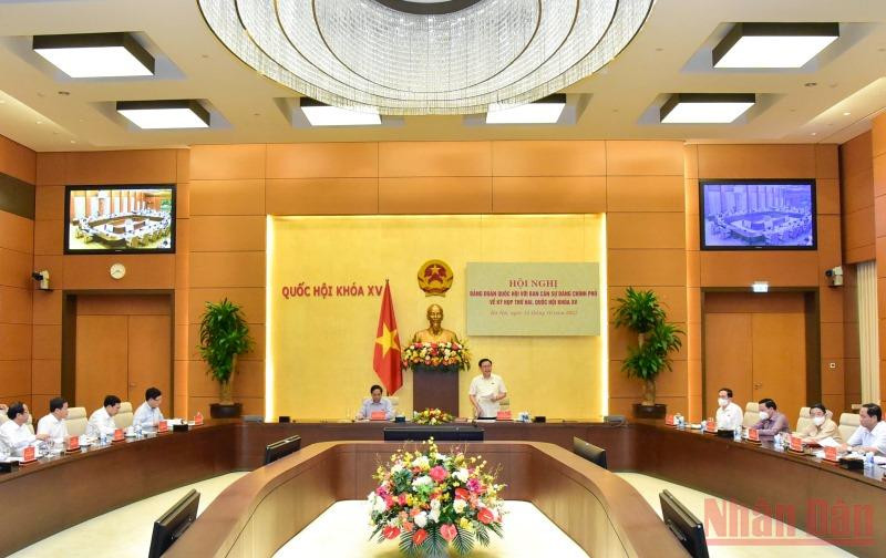 Hội nghị giữa Đảng đoàn Quốc hội và Ban Cán sự Đảng Chính phủ về việc chuẩn bị Kỳ họp thứ hai, Quốc hội Khóa XV. (Ảnh: Duy Linh)