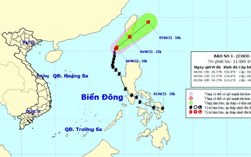 Vị trí và hướng di chuyển của bão số 1. (Nguồn: nchmf.gov.vn)