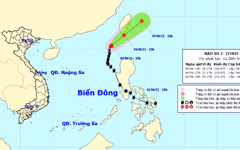 Vị trí và hướng di chuyển của bão số 1. (Nguồn: nchmf.gov.vn)