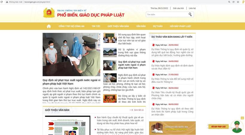Giao diện Trang Thông tin điện tử phổ biến, giáo dục pháp luật của Bộ Công an.