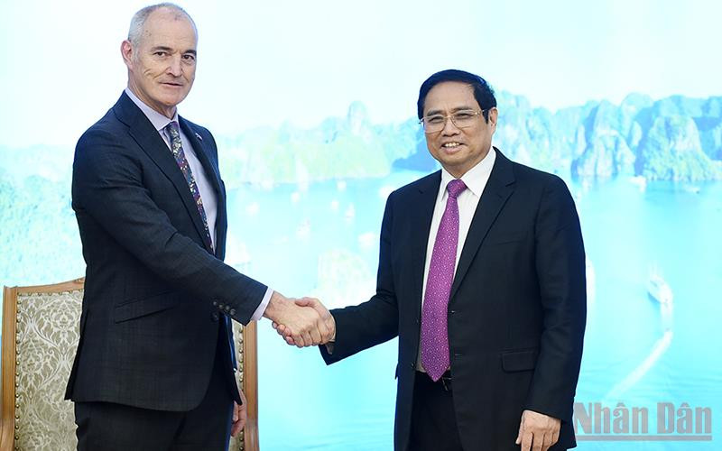 Thủ tướng Phạm Minh Chính tiếp Giáo sư Alec Cameron, Chủ tịch Đại học RMIT (Australia). (Ảnh: Trần Hải)