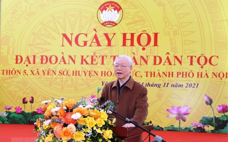 Tổng Bí thư Nguyễn Phú Trọng phát biểu tại Ngày hội Đại đoàn kết toàn dân tộc ở thôn 5, xã Yên Sở, huyện Hoài Đức, Hà Nội. (Ảnh: Trí Dũng/TTXVN)