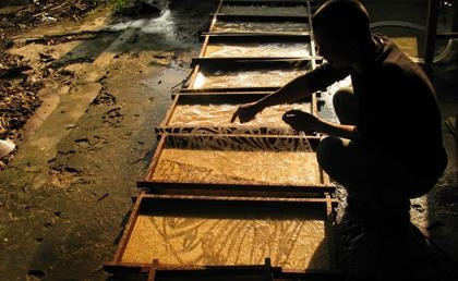 Gia công tạo tác hoa văn trên giấy tre Trúc Chỉ.