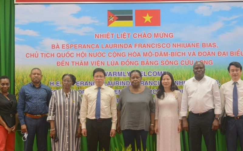 Đoàn đại biểu cấp cao Quốc hội Cộng hòa Mozambique chụp ảnh lưu niệm với lãnh đạo Viện lúa đồng bằng sông Cửu Long.