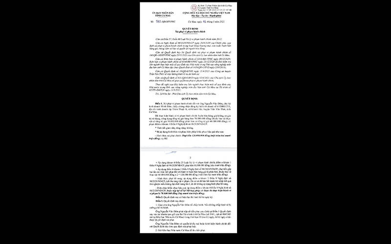 Quyết định xử phạt của UBND tỉnh Cà Mau đối với hộ kinh doanh Minh Đêm.