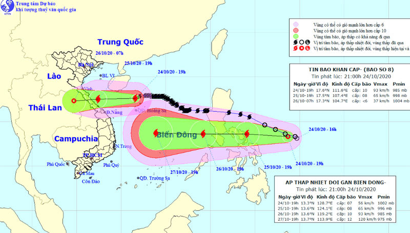 Vị trí và hướng di chuyển của áp thấp nhiệt đới (hình dưới). (Nguồn: kttv.gov.vn)