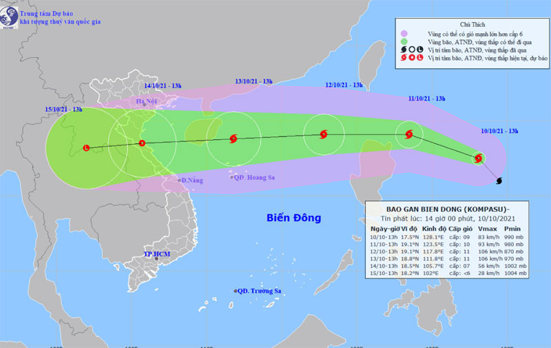 Vị trí và hướng di chuyển của bão Kompasu. (Nguồn: nchmf.gov.vn)