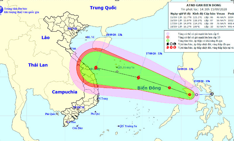 Vị trí và hướng di chuyển của áp thấp nhiệt đới. (Nguồn: kttv.gov.vn)