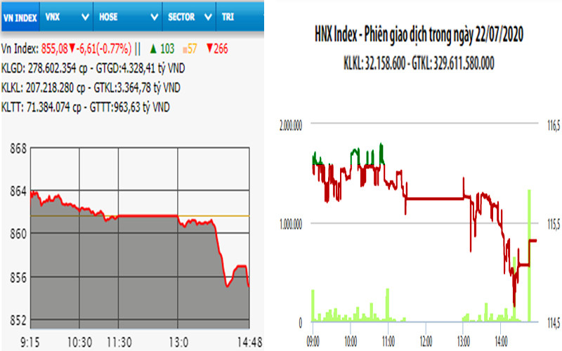 Diễn biến VN-Index và HNX-Index, phiên giao dịch ngày 22-7. 