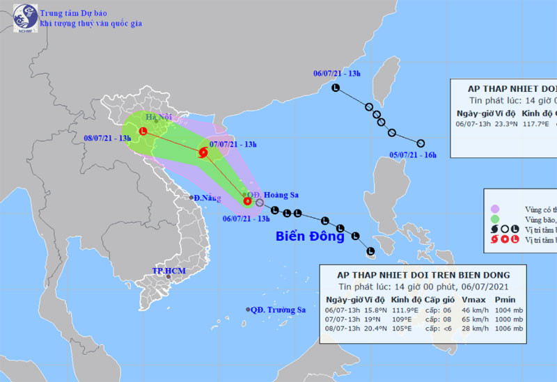 Vị trí và hướng di chuyển của áp thấp nhiệt đới. (Nguồn: nchmf.gov.vn)