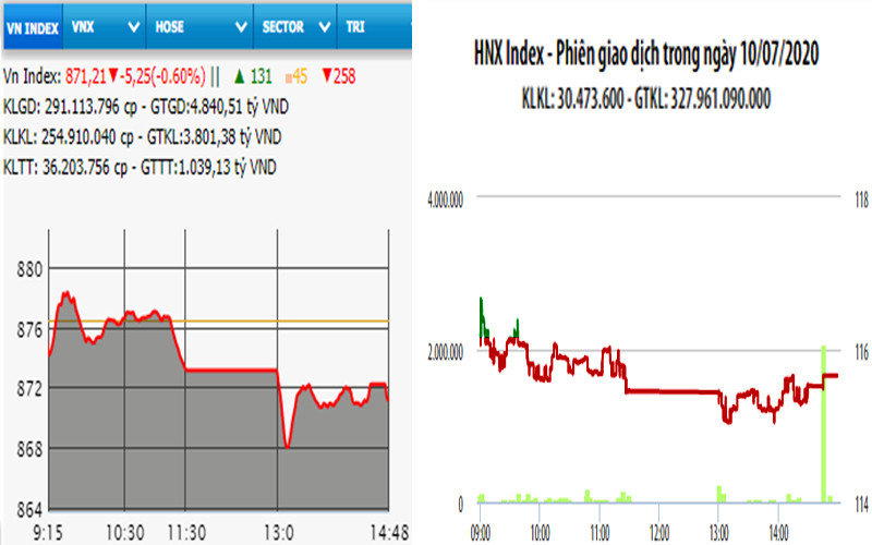 Diễn biến VN-Index và HNX-Index, phiên giao dịch ngày 10-7.
