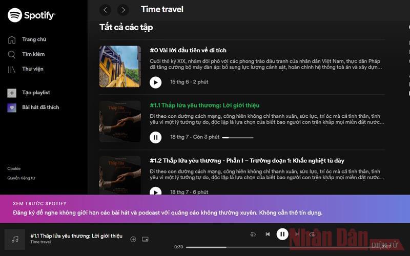 Triển lãm "Thắp lửa yêu thương" bằng hình thức phát thanh miễn phí trên nền tảng Spotify (Ảnh: Chụp màn hình)