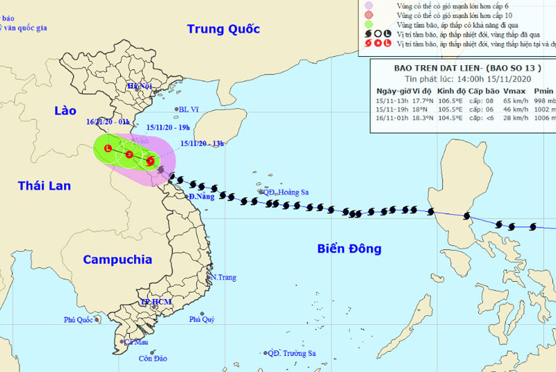 Vị trí và hướng di chuyển của bão số 13. (Nguồn: nchmf.gov.vn)