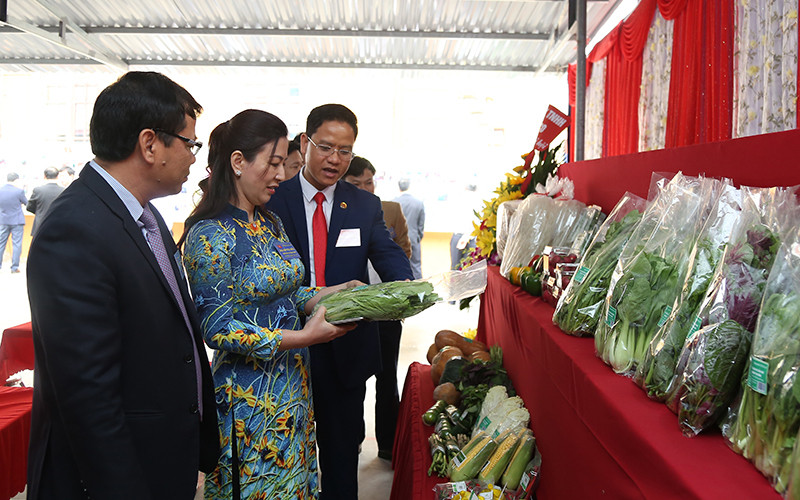 Lãnh đạo tỉnh Bắc Giang thăm gian trưng bày sản phẩm nông nghiệp đặc trưng của huyện Yên Dũng.