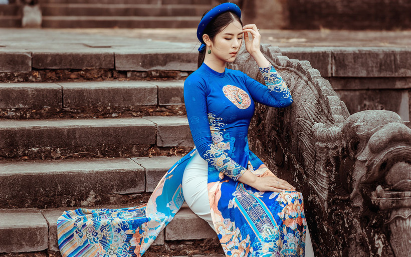 Hoa hậu Ngọc Hân trong bộ áo dài Nhã nhạc cung đình Huế của mình. (Ảnh: Nhân vật cung cấp)