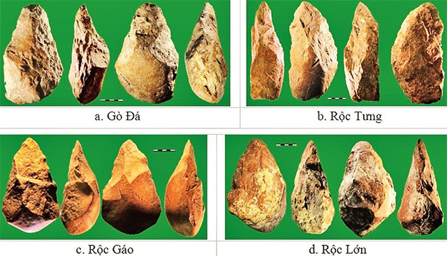 Bộ bốn chiếc rìu tay tiêu biểu nhất có tuổi đến 0,8 triệu năm vừa phát hiện tại An Khê. Nguồn: DEREVIANKO
