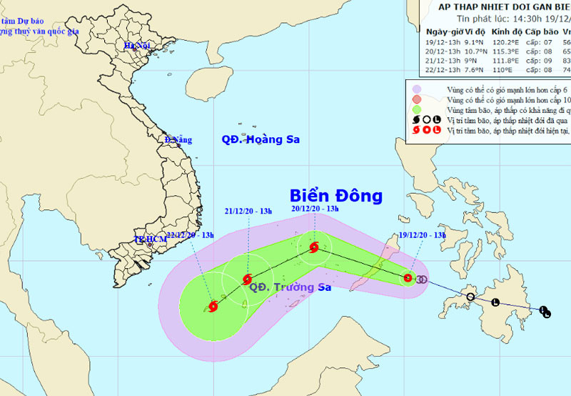 Vị trí và hướng di chuyển của áp thấp nhiệt đới. (Nguồn: nchmf.gov.vn)