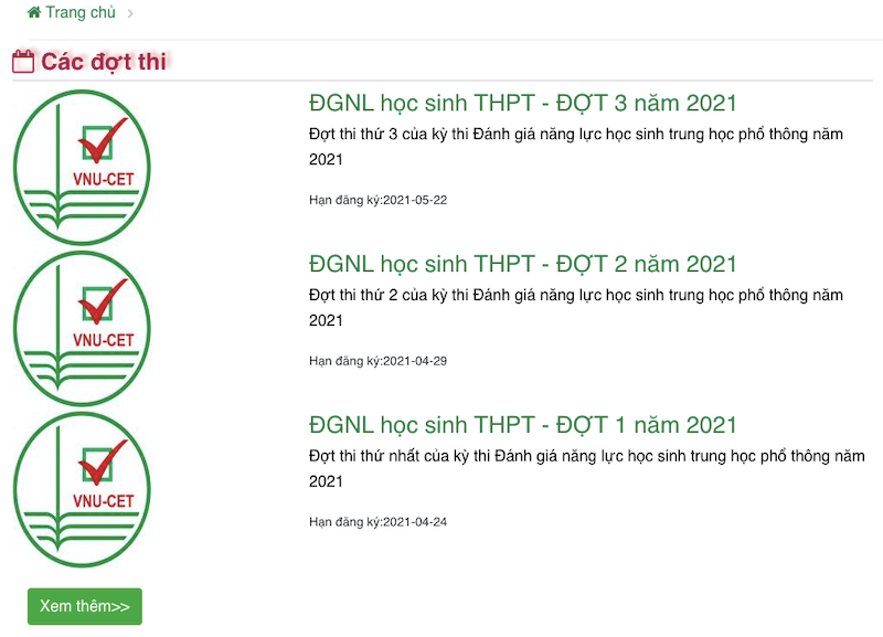 Trang chủ cổng đăng ký Đánh giá năng lực cho học sinh THPT, ĐHQGHN.