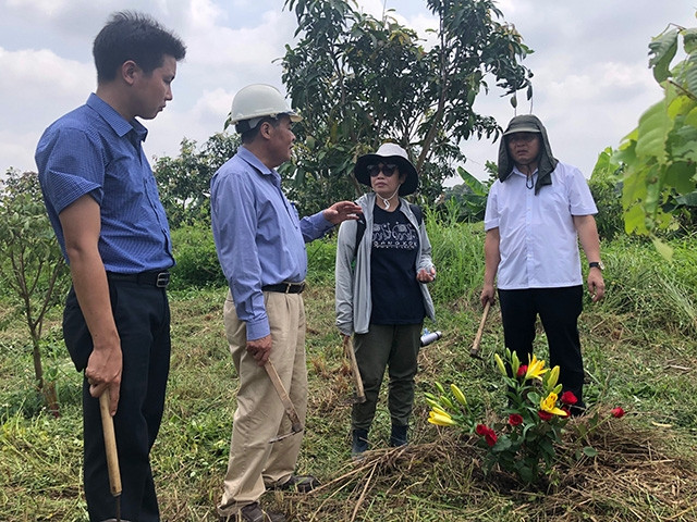 PGS.TS Bùi Văn Liêm, GS Lâm Mỹ Dung cùng cộng sự và Trưởng Ban quản lý di tích danh thắng Hà Nội Đỗ Doãn Văn trao đổi về dự án khai quật tại hiện trường.