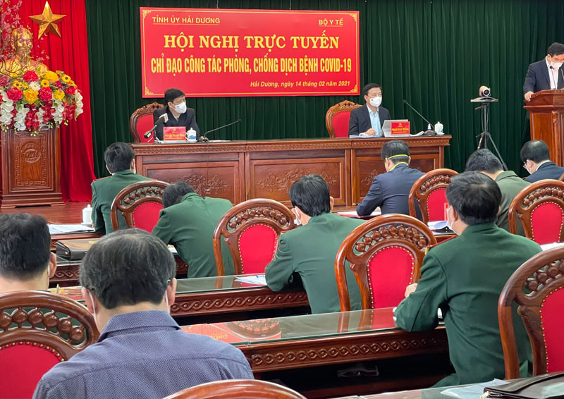 Hội nghị trực tuyến chỉ đạo phòng chống dịch bệnh chiều 14-2, tại đầu cầu Tỉnh ủy Hải Dương.