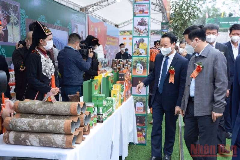 Đồng chí Võ Văn Thưởng thăm gian hàng sản phẩm chủ lực của xã Tân Hợp.