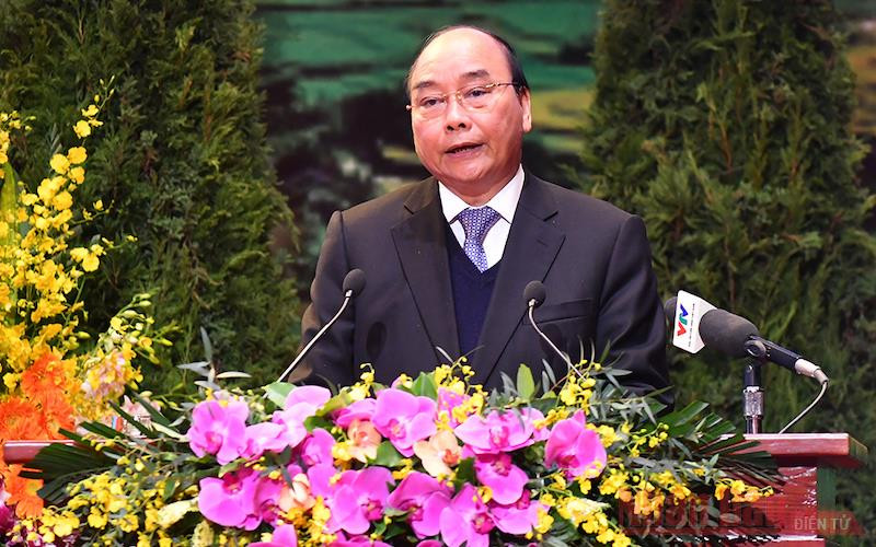 Thủ tướng Nguyễn Xuân Phúc phát biểu tại Đại hội. (Ảnh: ĐĂNG KHOA - THUỶ NGUYÊN)