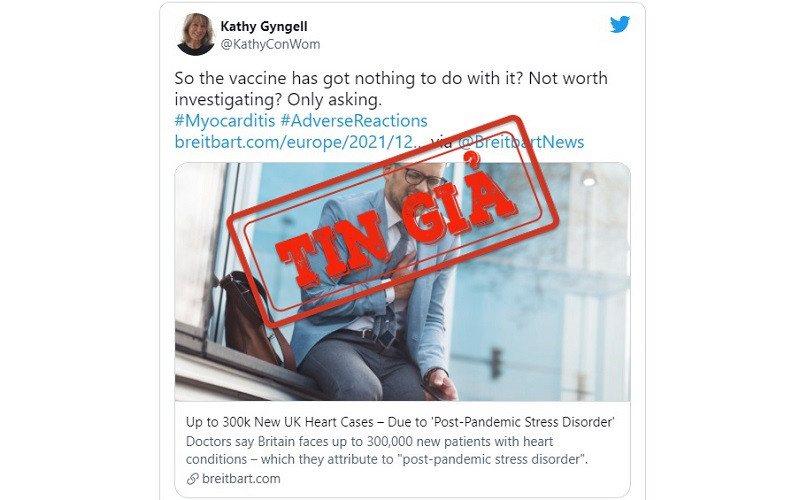 Ảnh chụp màn hình một bài đăng trên mạng xã hội Twitter cho rằng chứng rối loạn stress sau dịch có liên quan đến vaccine ngừa Covid-19. 
