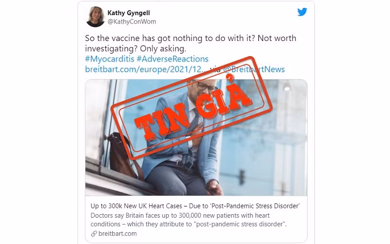 Ảnh chụp màn hình một bài đăng trên mạng xã hội Twitter cho rằng chứng rối loạn stress sau dịch có liên quan đến vaccine ngừa Covid-19. 