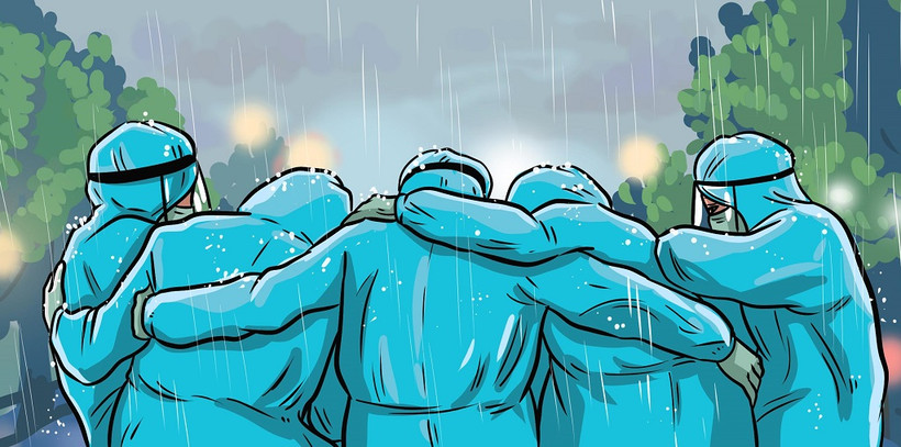 Bức vẽ lấy cảm hứng từ một tấm ảnh nhóm tình nguyện viên phun khử khuẩn ở tâm dịch TP Hồ Chí Minh.