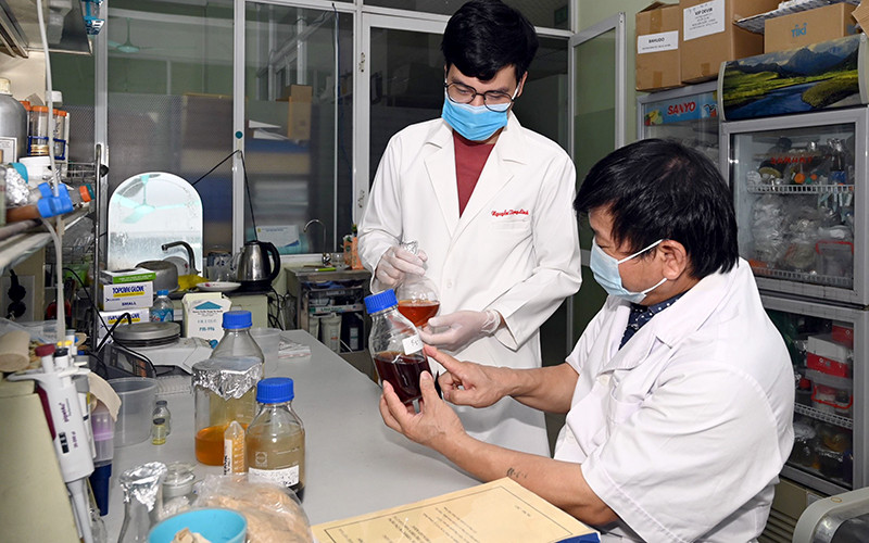 PGS, TS, NCVCC Lê Quang Huấn (người ngồi) và cộng sự nghiên cứu các hoạt chất từ dược liệu.