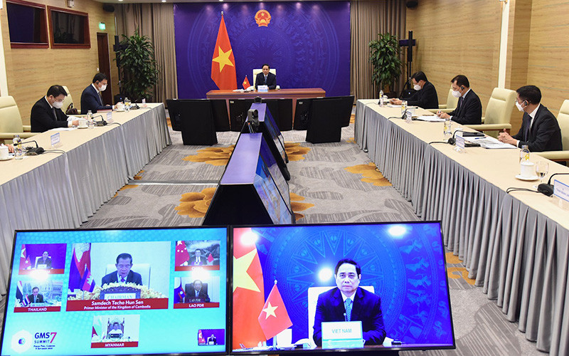 Thủ tướng Phạm Minh Chính phát biểu tại Hội nghị Thượng đỉnh hợp tác tiểu vùng Mekong mở rộng (GMS) lần thứ 7. (Ảnh: Trần Hải)