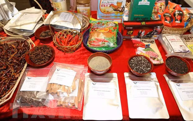 Các sản phẩm gia vị Việt Nam trưng bày tại Hội chợ ớt quốc tế lần thứ 10 tại Italy mới đây. (Ảnh: TTXVN)
