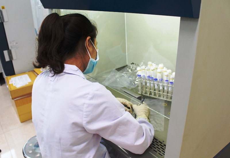 Nhân viên CDC đang đánh dấu, ghi tên mẫu xét nghiệm.