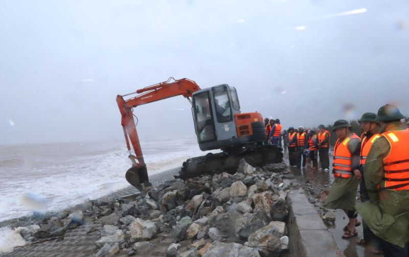 Khẩn trương khắc phục các điểm sập, sạt trên mái kè đê biển huyện Hải Hậu (Nam Định). 