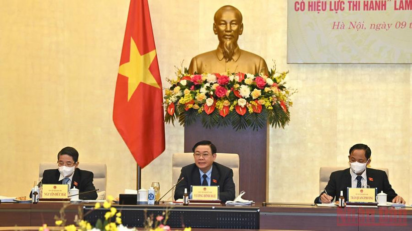 Chủ tịch Quốc hội Vương Đình Huệ tại buổi làm việc. (Ảnh: Duy Linh)