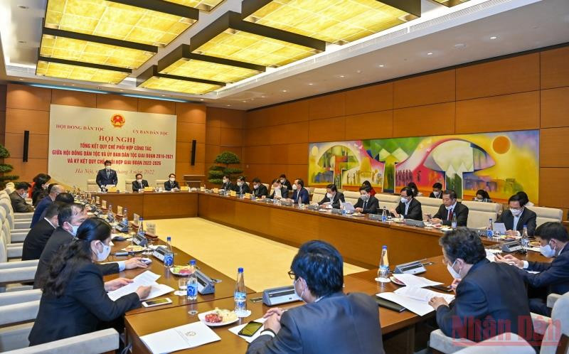 Quang cảnh hội nghị Tổng kết quy chế phối hợp giữa Hội đồng Dân tộc và Ủy ban Dân tộc. (Ảnh Duy Linh)