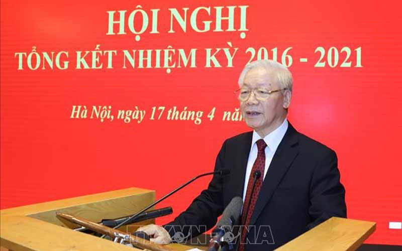 Tổng Bí thư Nguyễn Phú Trọng phát biểu tại Hội nghị tổng kết nhiệm kỳ 2016-2021 của Hội đồng Lý luận Trung ương. Ảnh TTXVN