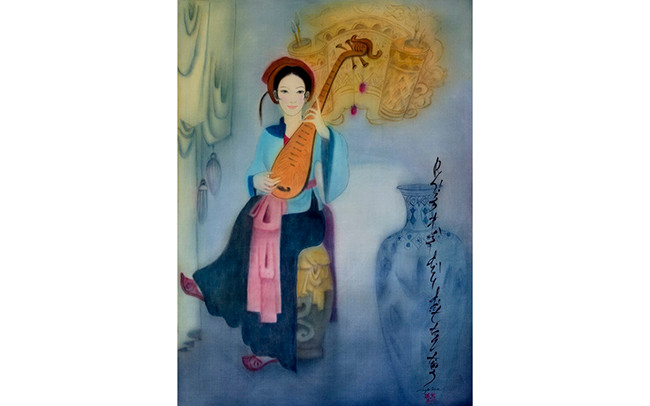 Phím đàn dìu dặt tay tiên. Tranh lụa của họa sĩ Ngọc Mai