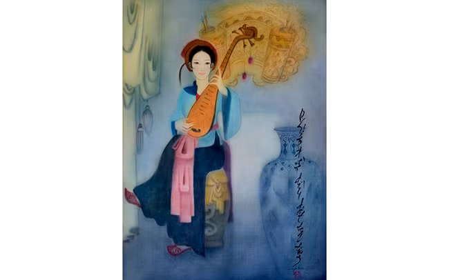 Phím đàn dìu dặt tay tiên. Tranh lụa của họa sĩ Ngọc Mai