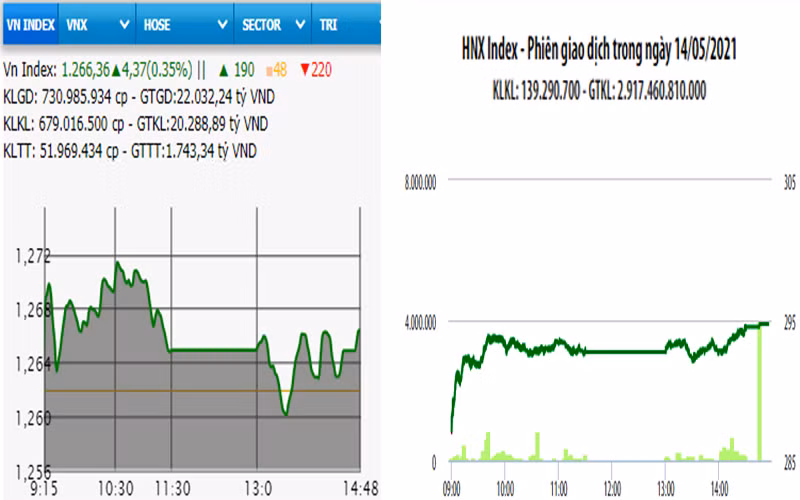 Diễn biến VN-Index và HNX-Index, phiên giao dịch ngày 14-5. 