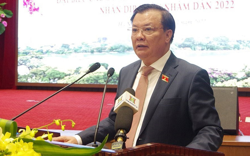 Ủy viên Bộ Chính trị, Bí thư Thành ủy Hà Nội Đinh Tiến Dũng phát biểu tại buổi gặp mặt. (Ảnh: TTXVN)