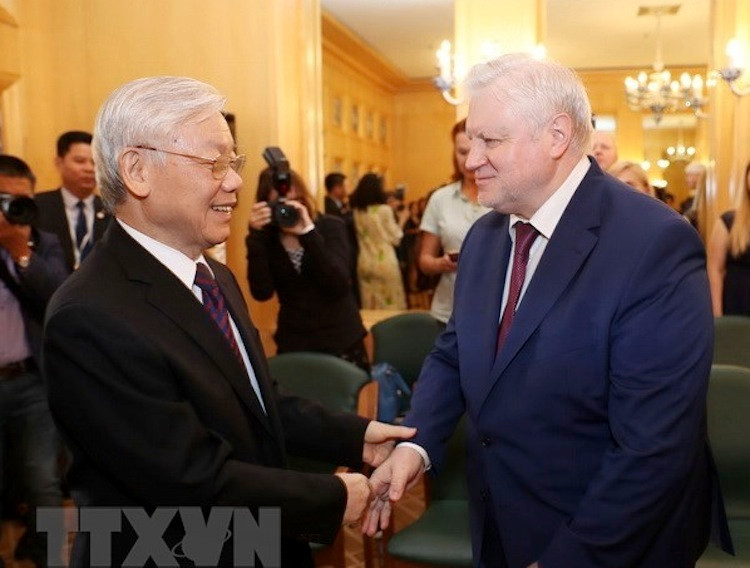 Tổng Bí thư Nguyễn Phú Trọng tiếp Chủ tịch Đảng nước Nga Công bằng S.M.Mironov, trong chuyến thăm Liên bang Nga, tháng 9/2018. (Ảnh: TTXVN)