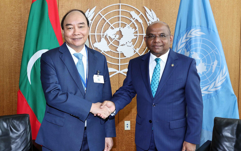 Chủ tịch nước Nguyễn Xuân Phúc hội kiến với ông Abdulla Shahid, Chủ tịch Đại hội đồng Liên hợp quốc khóa 76. Ảnh: TTXVN