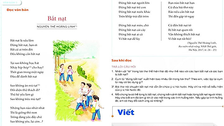 Bài thơ “Bắt nạt” trong sách giáo khoa Ngữ văn lớp 6. Ảnh tư liệu